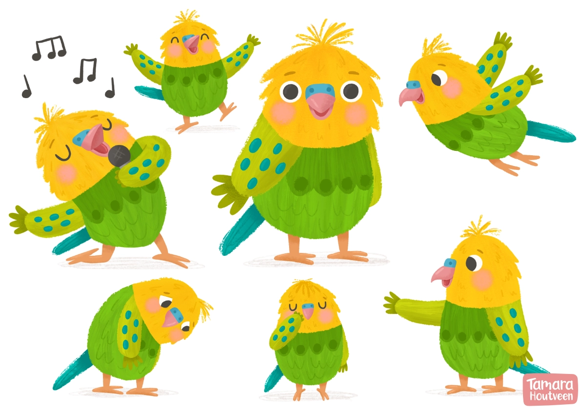 Parakeet character design, by Tamara Houtveen