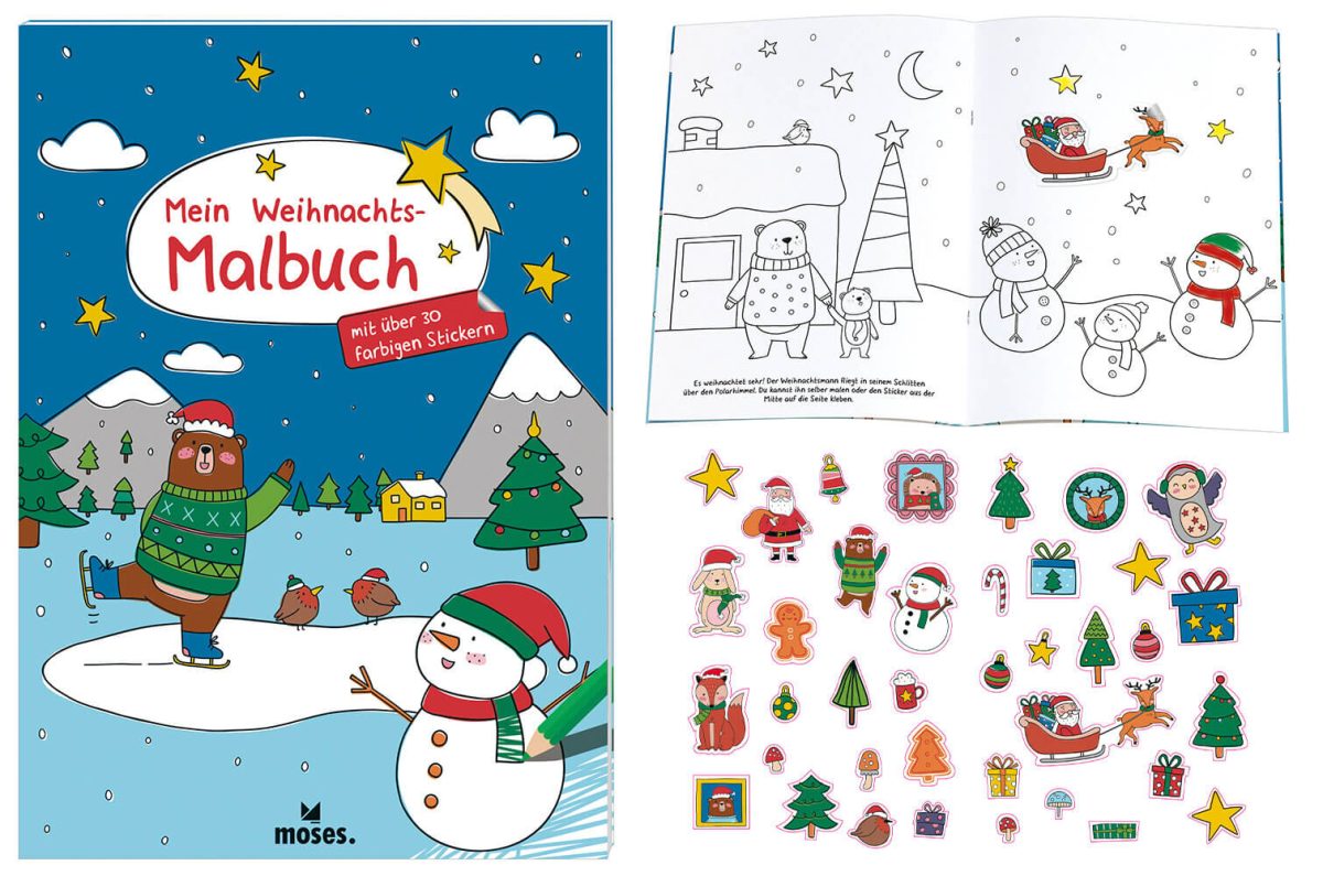 Mein Weihnachts-Malbuch - a christmas coloring book from Moses. Verlag with 30 colorful stickers on the inside. Illustrated by Tamara Houtveen.