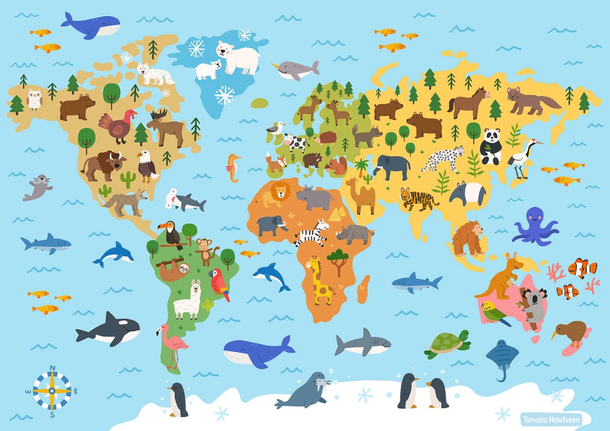 World animal atlas map illustration for kids by Tamara Houtveen