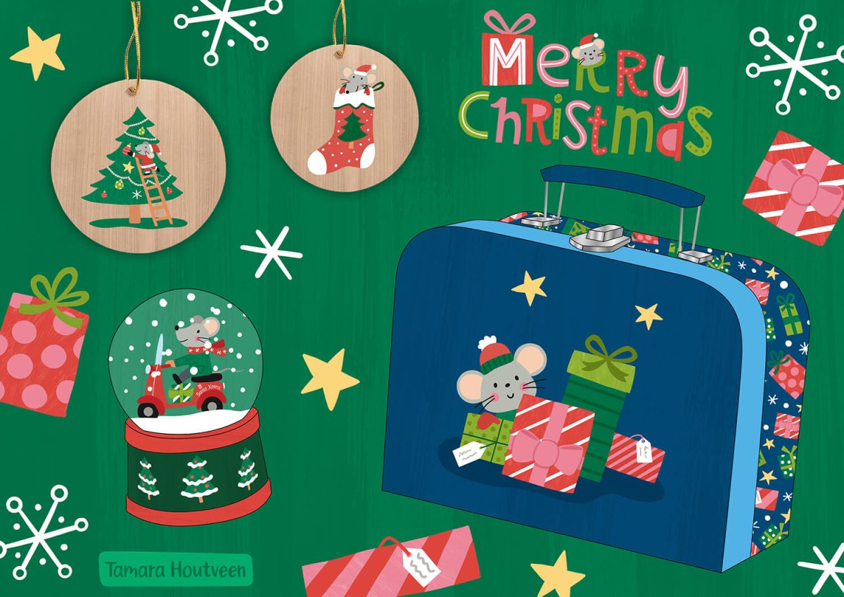 Mockup of the Christmas mice illustrations on products