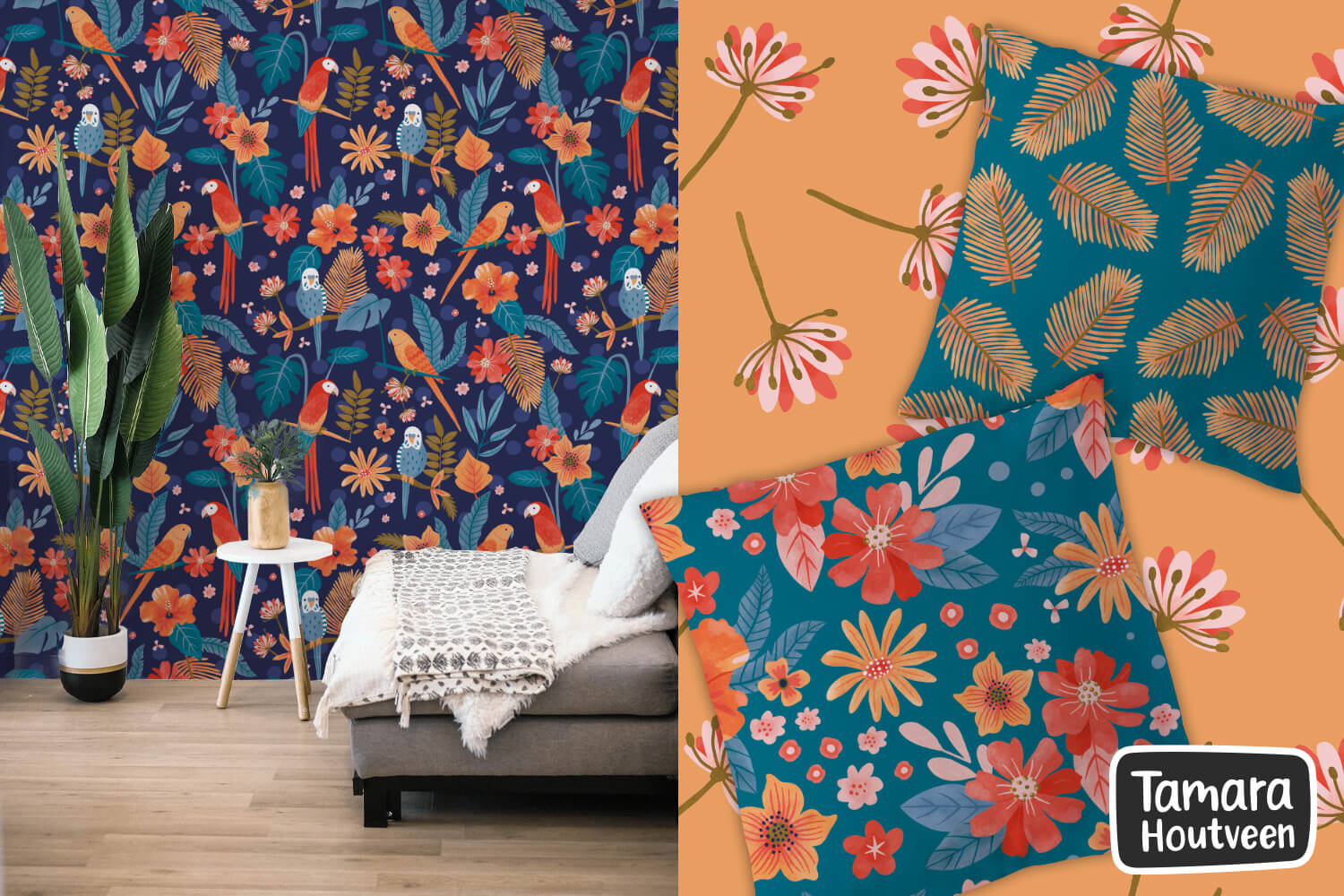 Mockup of the tropical birds and flowers pattern collection by Tamara Houtveen