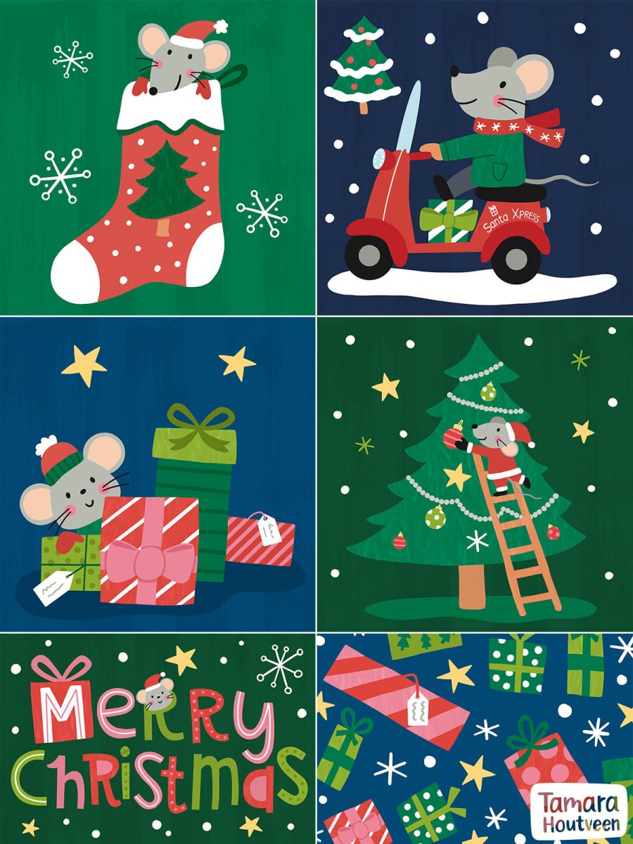 mouse christmas artwork collection of illustrations and surface patterns made by Tamara Houtveen