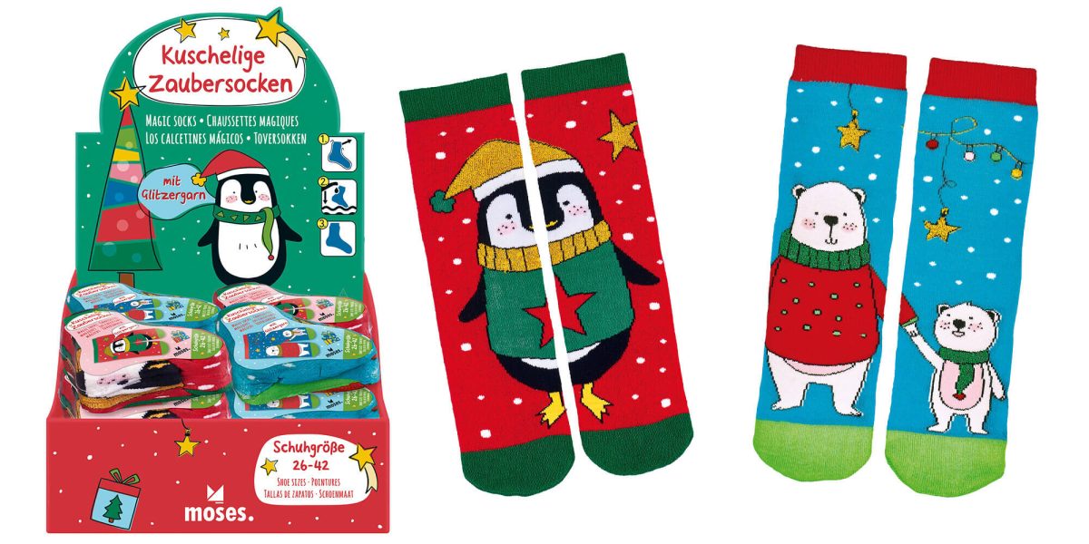 Christmas socks with cute polar bear and penguin illustrations by Tamara Houtveen for Moses. Verlag