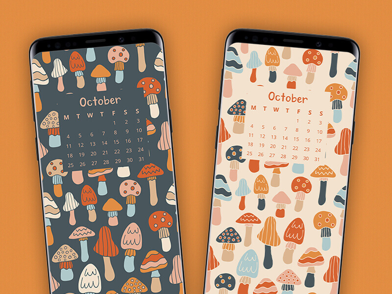 Phone calendar wallpapers for October 2021 with a cute mushroom pattern illustrated by Tamara Houtveen