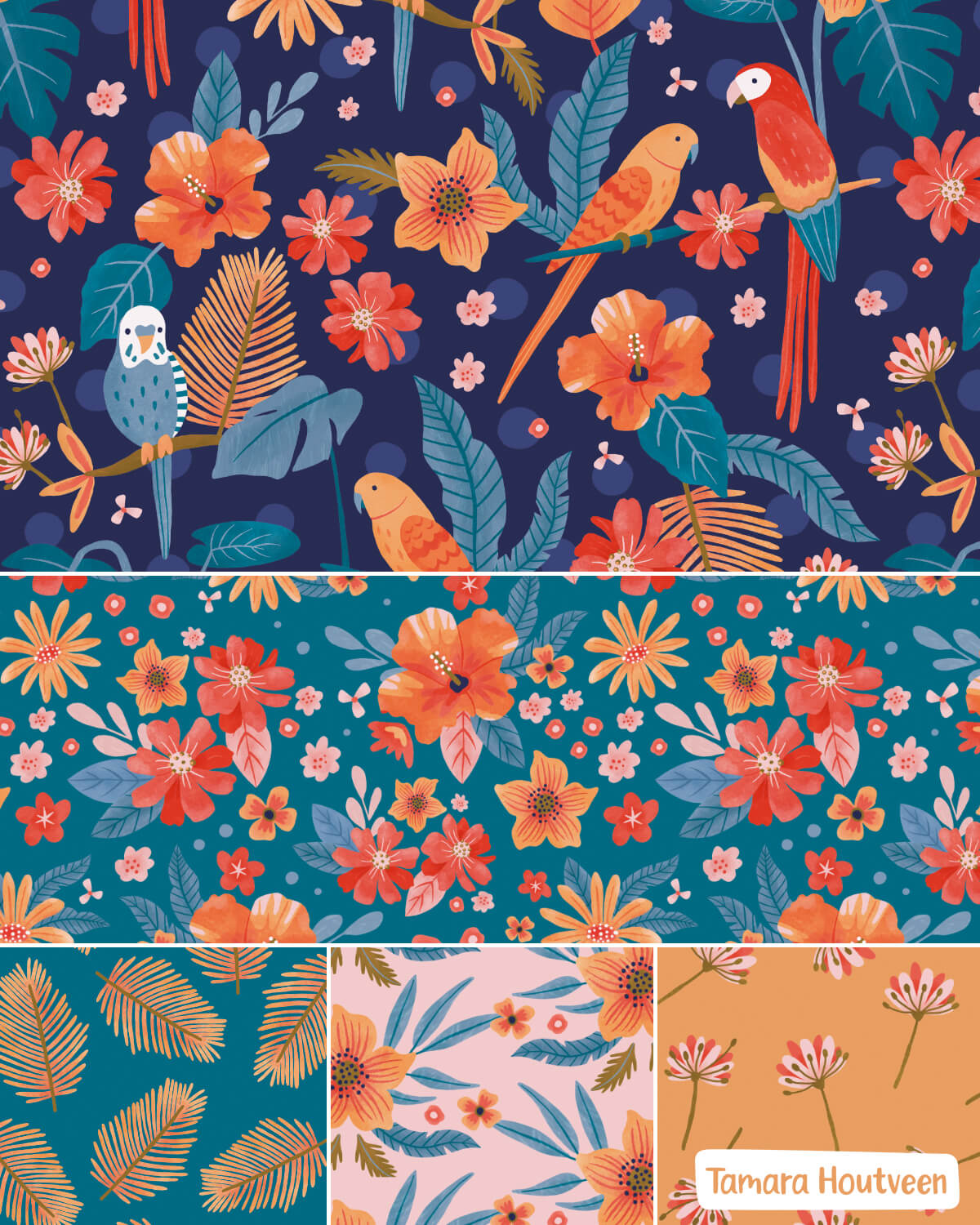 Overview of the tropical birds and flowers surface pattern collection by Tamara Houtveen