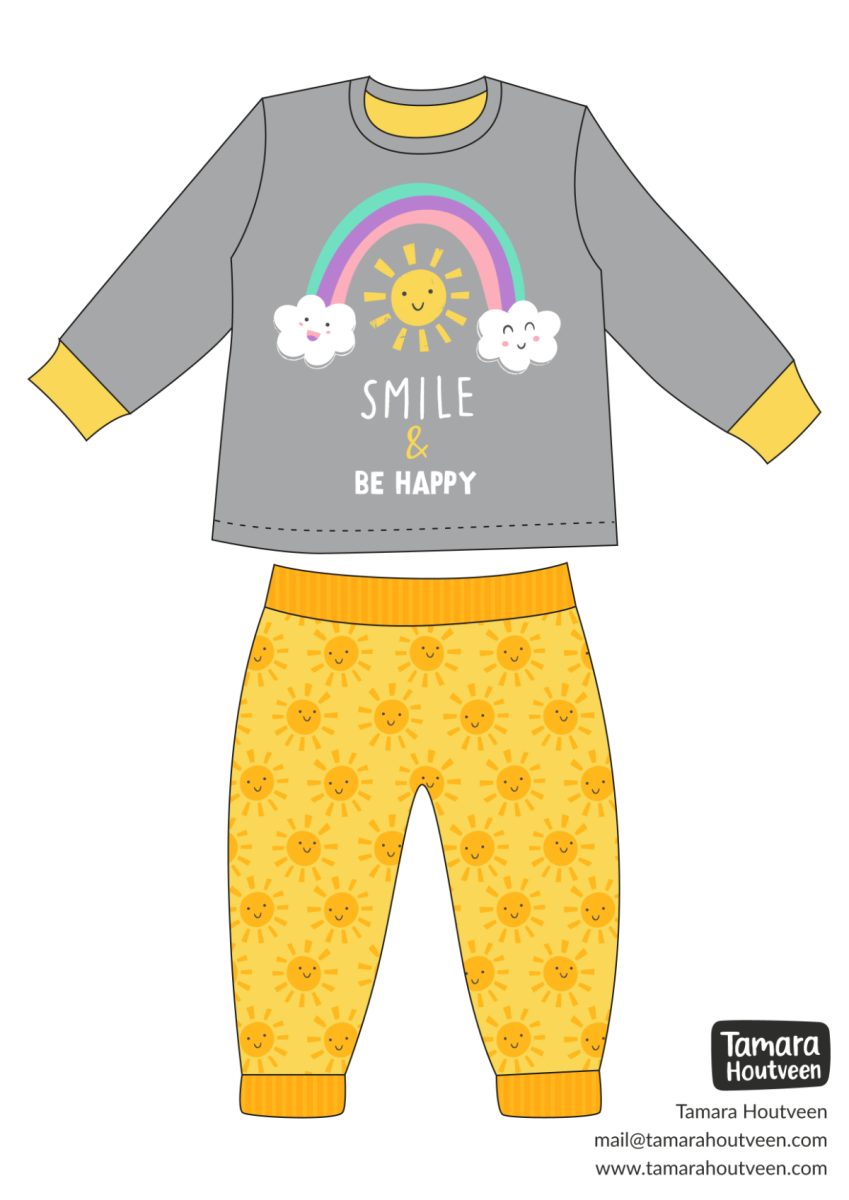 Mockup of pyjamas with a placement graphic of a sunshine with clouds and a surface pattern with sunshines