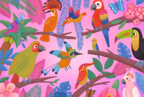 tropical birds illustration for kids posters